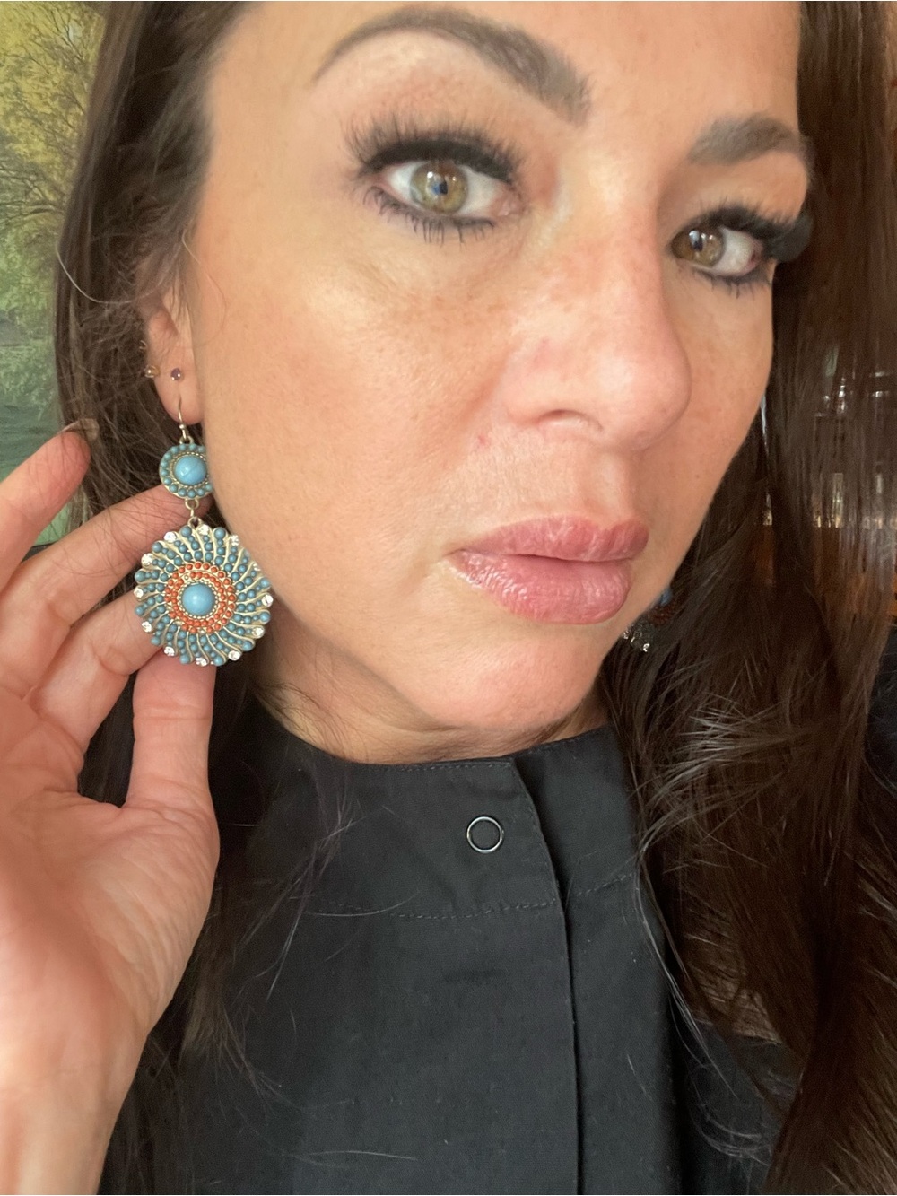 Boho Floral Medallion Earrings Turquoise Orange Rhinestone Silver Tone Dangle